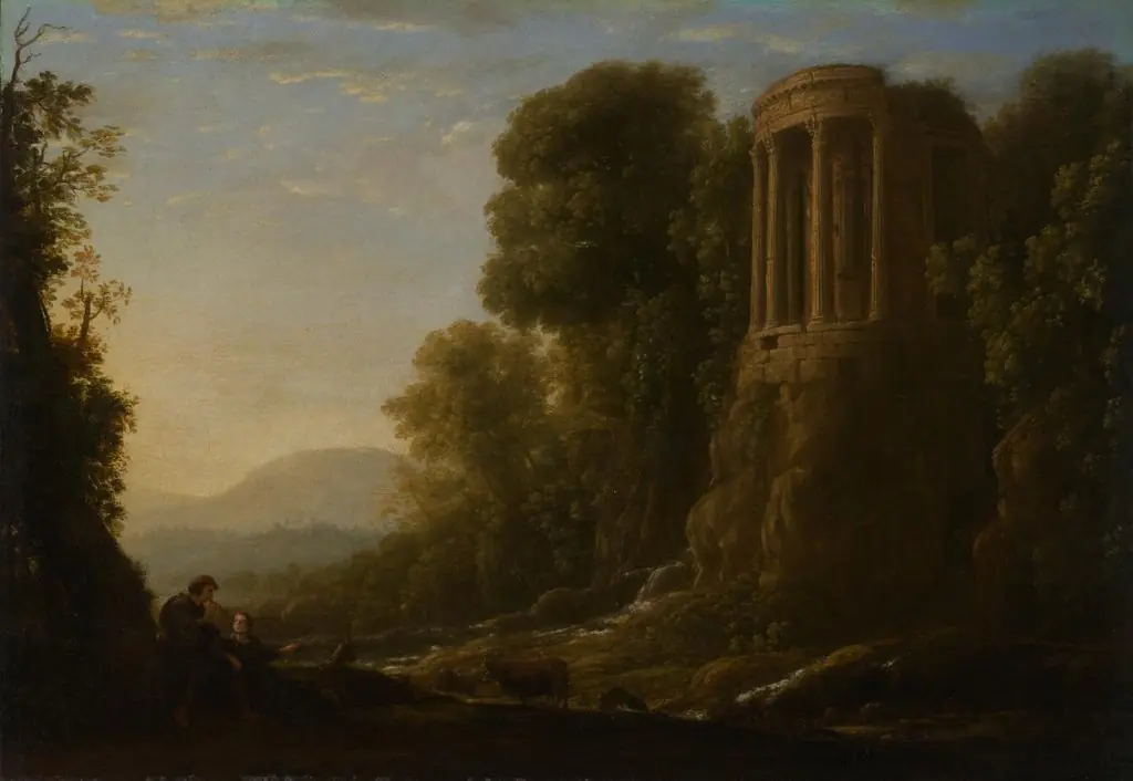 River landscape with Tiburtine Temple at Tivoli, by Claude Lorrain