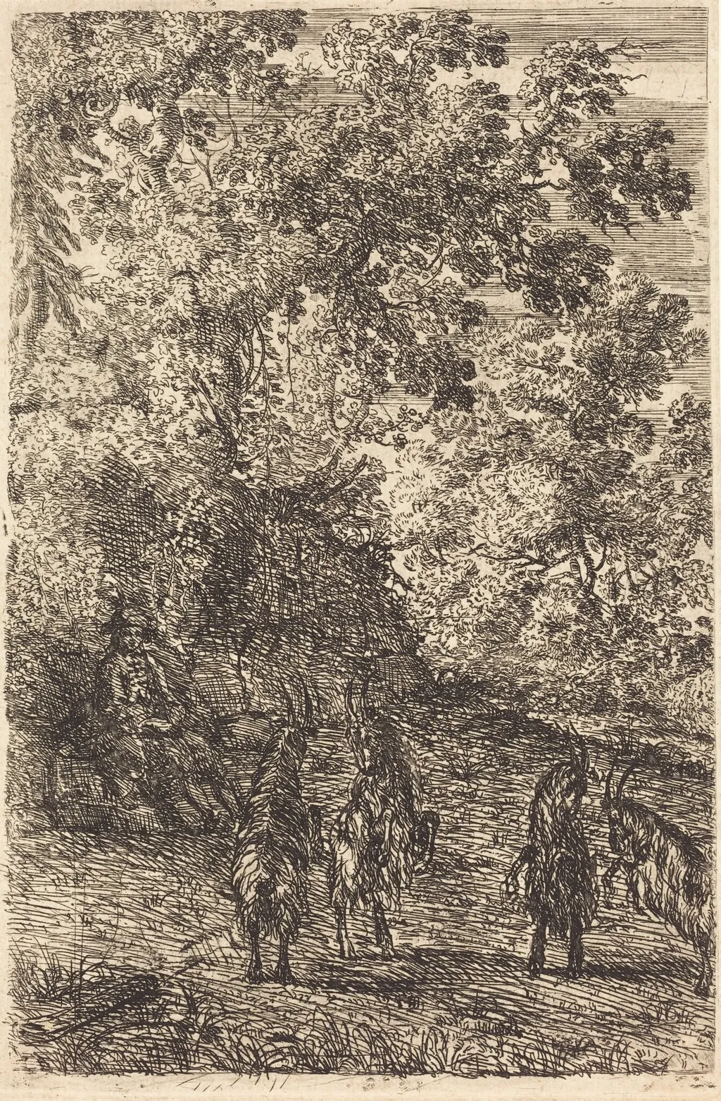 Shepherd with Four Goats (Les quatre chèvres), by Claude Lorrain, ink, 1632