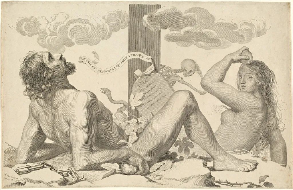 Adam and Eve at the Foot of the Cross, by Claude Mellan, ink, 1647