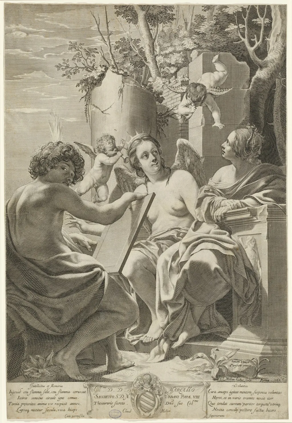 Allegory of Intellect, Memory, and Will, by Claude Mellan, ink, 1625