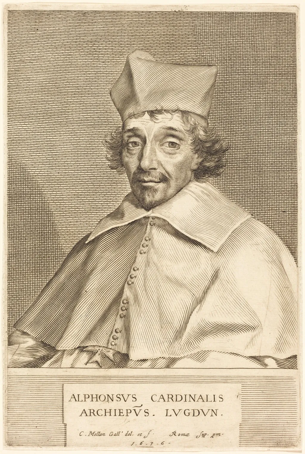 Alphonse du Plessis Richelieu, Cardinal of Lyon, by Claude Mellan, ink, 1636