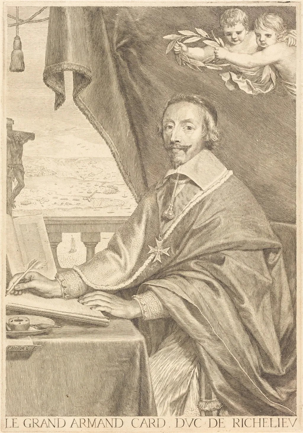 Armand Jean du Plessis, Cardinal Richelieu, by Claude Mellan, ink, 1643
