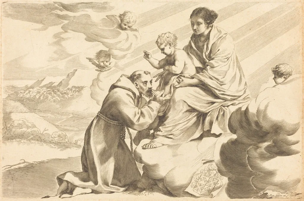 Saint Francis Adoring the Christ Child, by Claude Mellan, ink, 1598