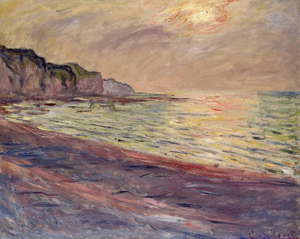 Beach in Pourville, setting sun., by Claude Monet