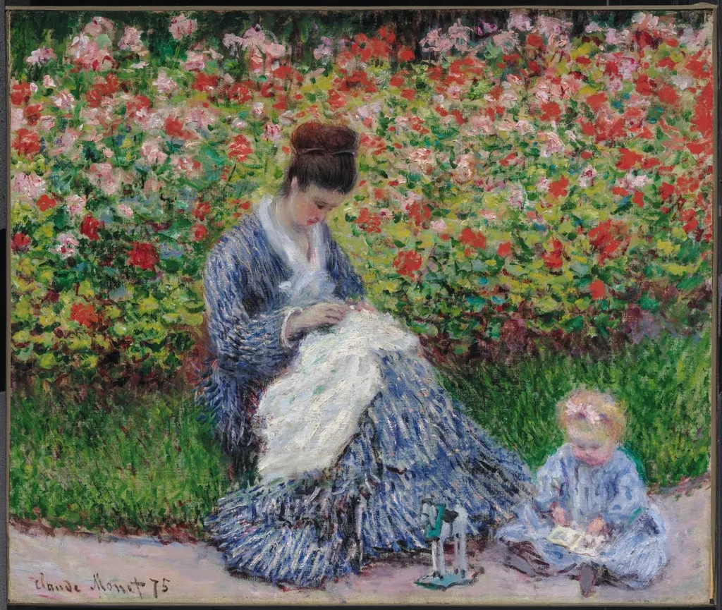 Camille Monet and a Child in the Artist's Garden in Argenteuil, by Claude Monet, oil, 1875