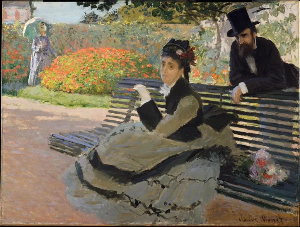 Camille Monet on a Garden Bench, by Claude Monet, oil, 1873