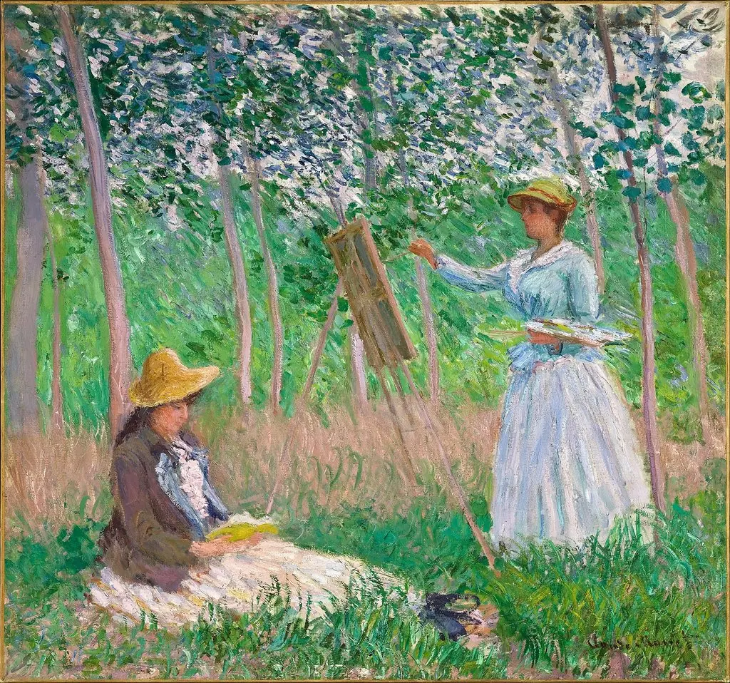In the Woods at Giverny: Blanche Hoschedé at Her Easel with Suzanne Hoschedé Reading, by Claude Monet