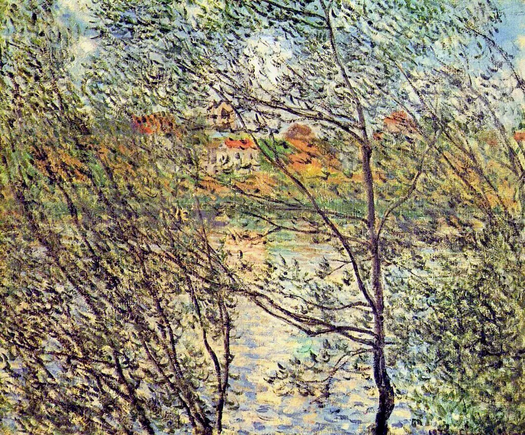 Le printemps à travers les branches, by Claude Monet, oil, 1890