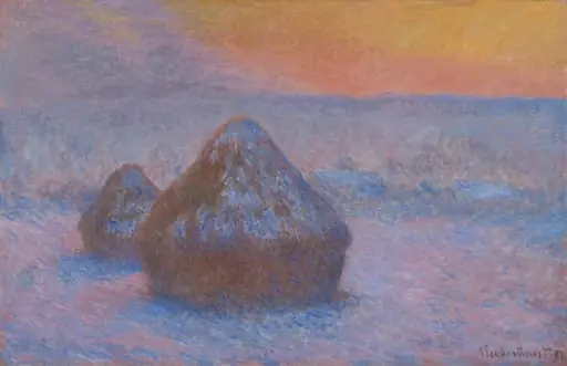 Stacks of Wheat (Sunset, Snow Effect), by Claude Monet
