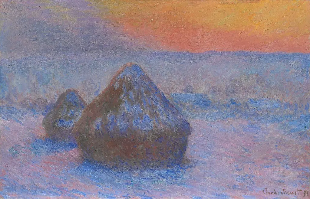 Stacks of Wheat (Sunset, Snow Effect), by Claude Monet