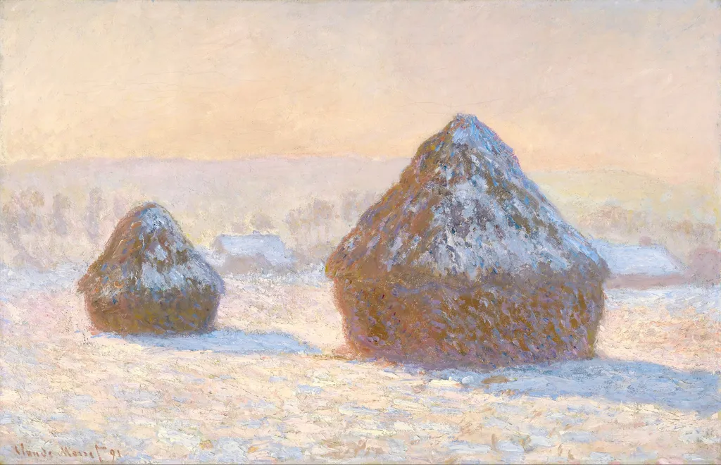 Wheatstacks, Snow Effect, Morning (Meules, Effet de Neige, Le Matin), by Claude Monet, oil, 1896