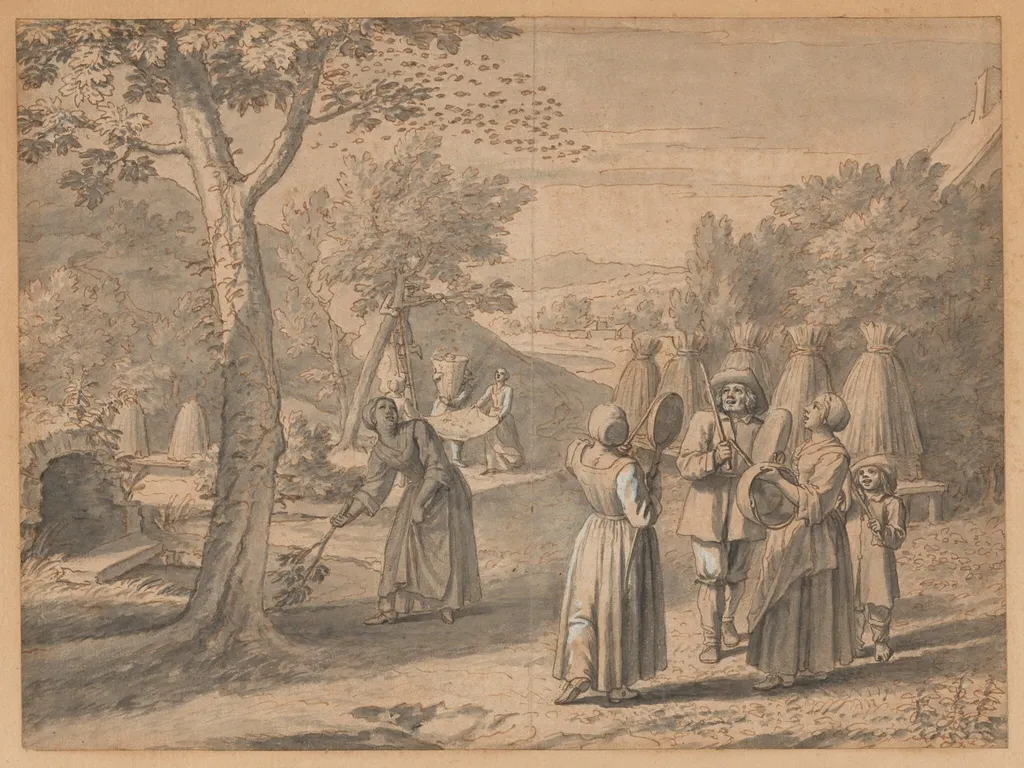 October, Drawing the Honey from the Beehives, by Claude Simpol, gouache, 1645