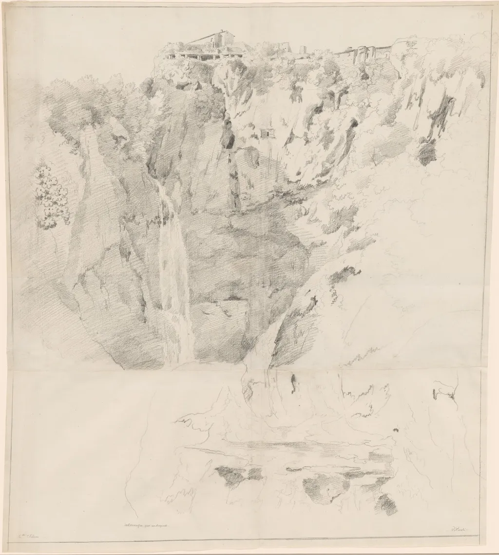 Cliffs with a Waterfall at Tivoli, by Claude Thiénon, chalk, 1809