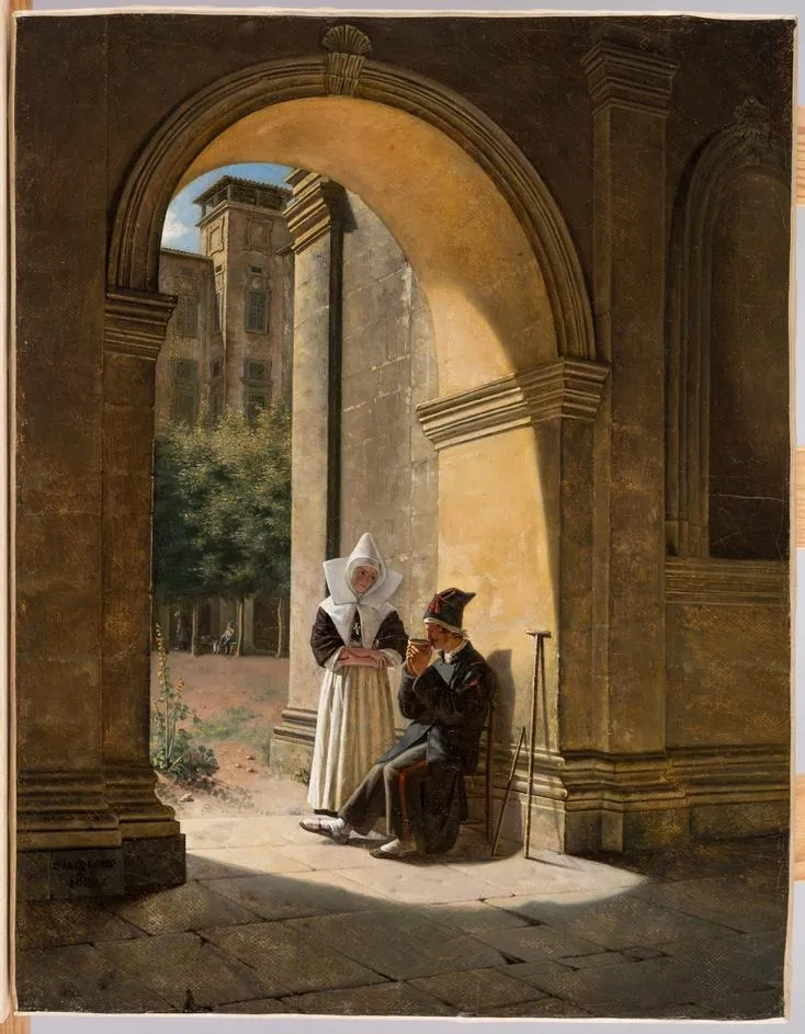 A Nun Cares for a Soldier in a Cloister, by Claudius Jacquand, unspecified, 1822