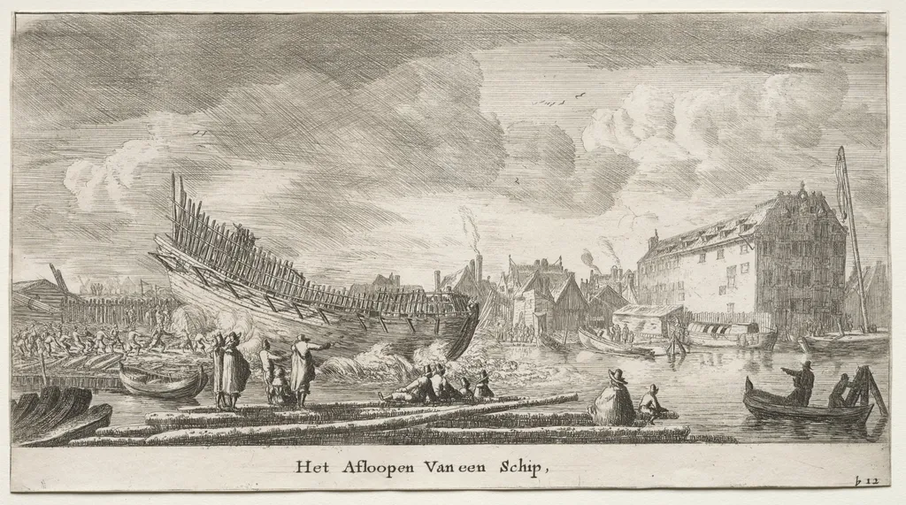 Various Ships and Views of Amsterdam (Verscheÿde Schepen en Gesichten van Amstelredam), Part II: Launching a Ship, by Clement de Jonghe, 1653