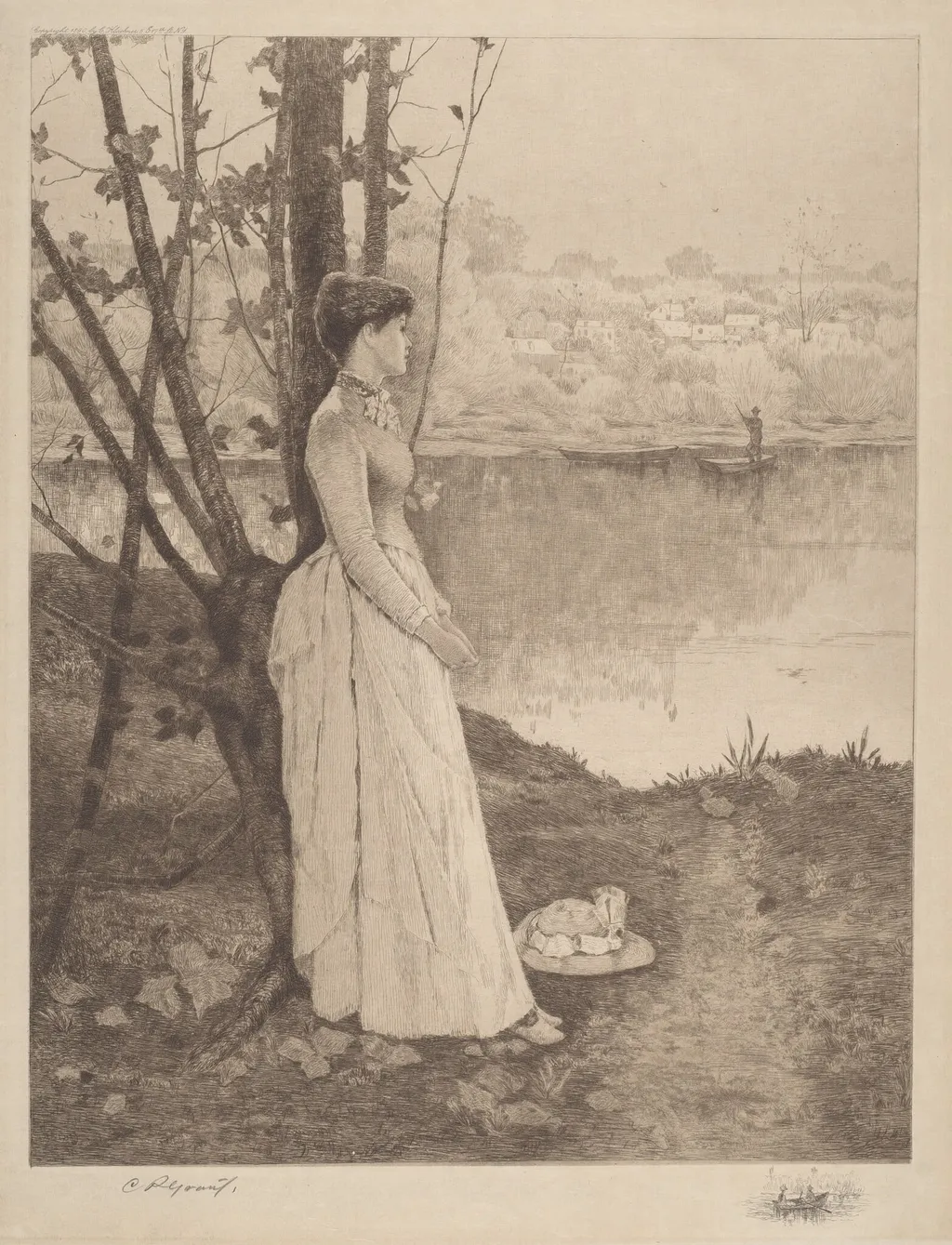 Untitled (Lady by a Riverbank), by Clement Rollins Grant, ink, 1890