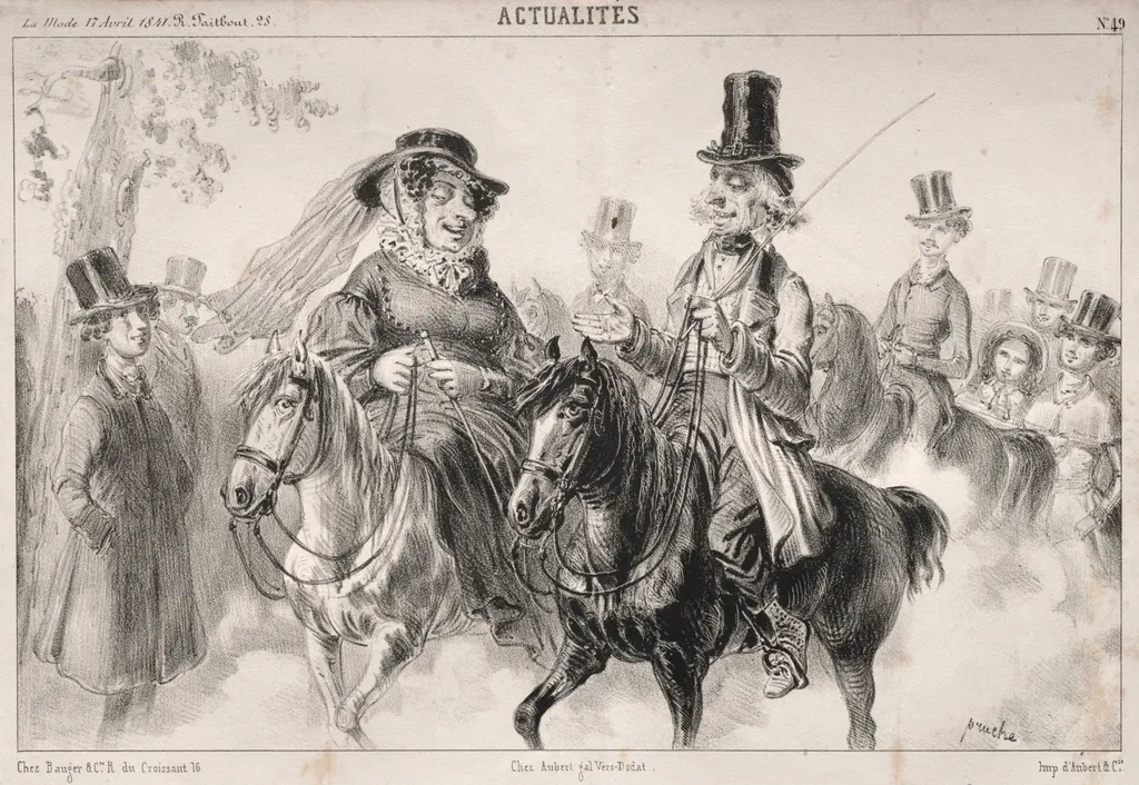 Actualités: Dis donc Madame Miroton il paraitrait que c'est nous qui donnons le ton à Longchamps cette année...., by Clémente Pruche, 1841