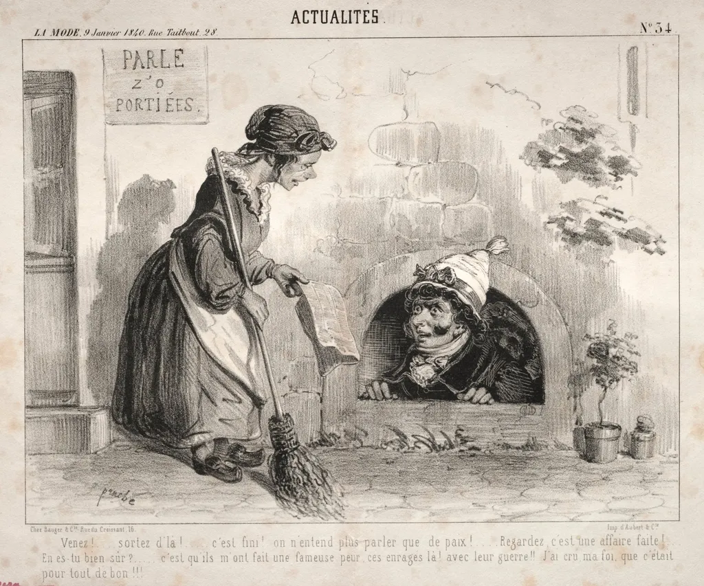 Actualités: Venez! ...sortez d'la! ... c'est fini! on n'entend plus parler que de paix!..., by Clémente Pruche, 1840