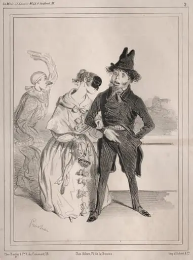 Pochades de carnaval:  C'est singulier! elle me dit que je suis Philibert Désormeaux, et que je passe pour un imbecile!! ....où diable à-t-elle sù cela?, by Clémente Pruche