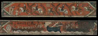 Coffered ceiling panel with knights, galleys and a boat with a high gunwale