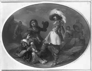 Company of an officer, soldiers and young women in a guardroom, by Pieter Quast