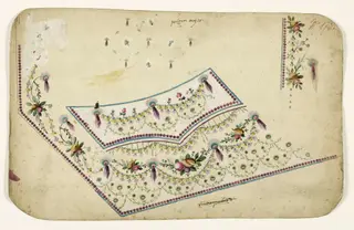 Composirion avec guirlandes de fleurs et de fruits exotiques, frises de perles violettes, projets de broderies de gilet, XVIIIème siècle, 1750