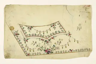 Composition avec bouquet de fleurs, guirlandes et frises de feuilles et de fleurs stylisées, projets de broderies de gilet, XVIIIème siècle