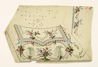 Composition avec bouquet de fleurs, guirlandes stylisées avec rubans bleus et grappes de fruits suspendues, projets de broderies de gilet, XVIIIème siècle