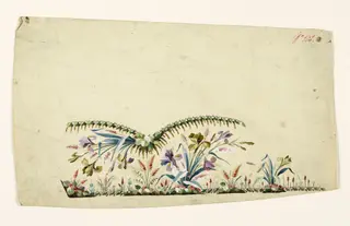 Composition avec bouquet et gerbe d'iris, frise de pampres et feuilles de vigne, projets de broderies de gilet, XVIIIème siècle