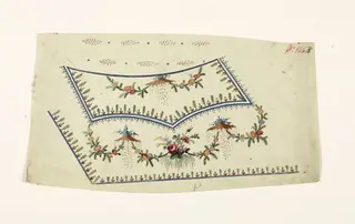 Composition avec bouquet et guirlandes de fleurs, bleuets sur tertres et frises de fleurs stylisées, projets de broderies de gilet, XVIIIème siècle