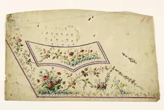 Composition avec bouquet et guirlandes de fleurs et branches de feuilles et de baies bleues, projets de broderies de gilet, XVIIIème siècle