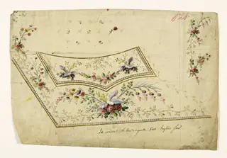 Composition avec bouquets de fleurs et branches fleuries avec grappes, frises de perles couleur glycine, projets de broderies de gilet, XVIIIème siècle