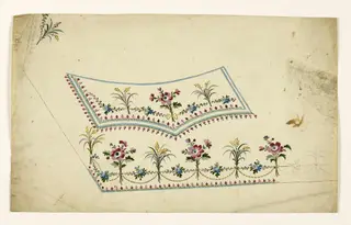 Composition avec bouquets de fleurs liés par des cordons rayés et des guirlandes de fleurs, frises de perles pourpres, projets de broderies de gilet, XVIIIème siècle