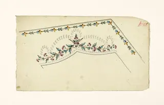 Composition avec branches fleuries et guirlandes de glands argentés, frises de fleurs stylisées et de perles grises, projets de broderies de gilet, XVIIIème siècle, 1750