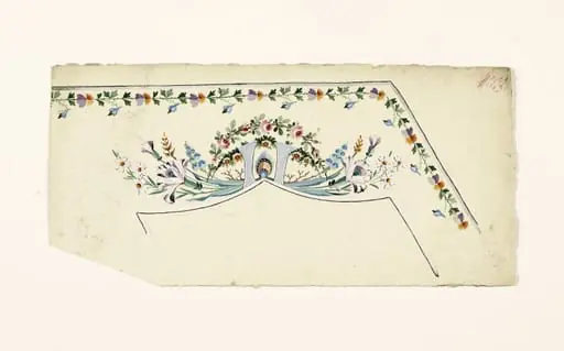 Composition avec brins et guirlandes de fleurs encadrant une plume de paon, projets de broderies de gilet, XVIIIème siècle