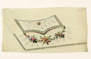 Composition avec guirlandes de fleurs multicolores, motifs rayonnants de branches et frises stylisées, projets de broderies de gilet, XVIIIème siècle