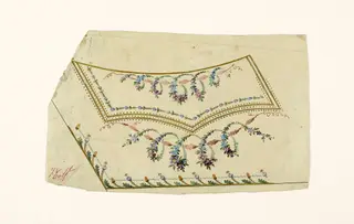 Composition avec guirlandes de fleurs torsadées, frises de fleurs stylisées et de perles vertes, projets de broderies de gilet, XVIIIème siècle