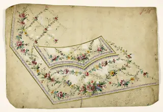 Composition avec guirlandes et croisillons de fleurs et frises d'oves mauves, projets de broderies de gilet, XVIIIème siècle, 1750