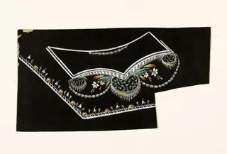 Composition avec motifs de fleurs stylisées et de passementerie sur fond noir, projets de broderies de gilet, XVIIIème siècle