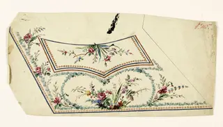 Composition avec récif de fleurs dans un cartouche de feuilles, frises de perles noisettes, projets de broderies de gilet, XVIIIème siècle, 1750