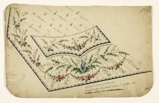 Composition de bouquets de bleuets et guirlandes de roses, frises de chevrons et de perles, projets de broderies de gilet, XVIIIème siècle, 1750