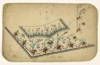 Composition de bouquets de fleurs et de grappes, guirlandes de fleurs et frises de perles pourpres, projets de broderies de gilet, XVIIIème siècle