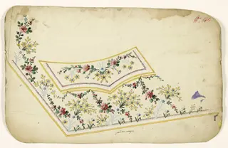 Composition de bouquets de fleurs jaunes, guirlandes de fleurs roses, frises de perles blanches et de franges pourpres et bandes jaunes, projets de broderies de gilet, XVIIIème siècle, 1750