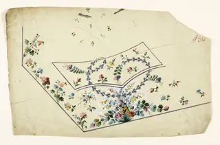 Composition de bouquets de fleurs multicolores et guirlandes de fleurs mauves, projets de broderies de gilet, XVIIIème siècle