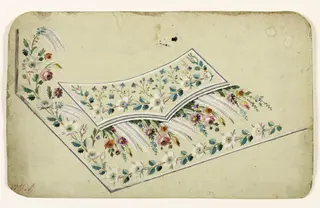 Composition de fleurs multicolores et de feuilles blanches et frises de fleurs de poirier, projets de broderies de gilet, XVIIIème siècle, 1750