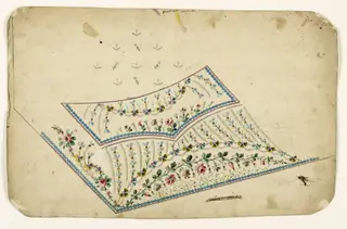 Composition de guirlandes de fleurs et de feuilles et frises de perles bleues, projets de broderies de gilet, XVIIIème siècle, 1750