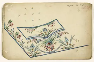 Composition en bouquets de branches fleuries et guirlande de passementerie bleue, projets de broderies de gilet, XVIIIème siècle