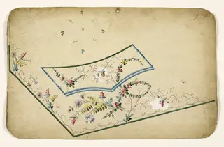 Composition florale avec guirlandes de branches et bandes bleues et vertes, projets de broderies de gilet, XVIIIème siècle, 1750
