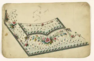 Composition florale de chardons bleus, frises de perles violettes, guirlandes de fleurs et d'insectes volants, projets de broderies de gilet, XVIIIème siècle, 1750