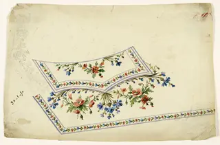 Composition florale de coquelicots et fleurs sauvages bleues, guirlandes de fleurs et frises de perles mauves, projets de broderies de gilet, XVIIIème siècle